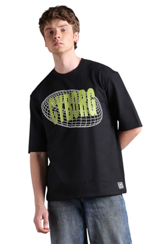 Hubberholme Men Printed Oversized Round Neck Half Sleeves Tshirts 34 Black