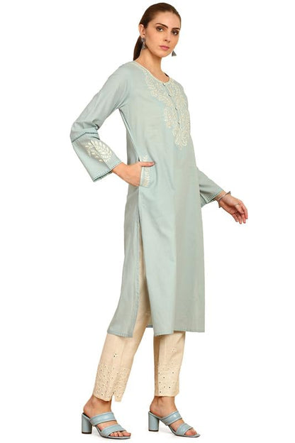 Soch Womens Powder Blue Solid with Yoke Embroidered Cotton Kurta with Lace