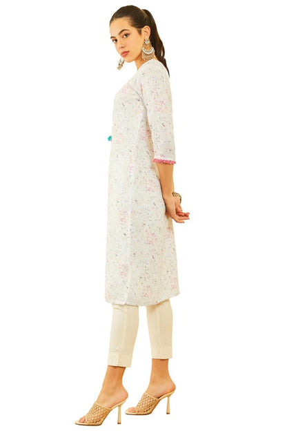 Soch Womens White Viscose Blend Botanical Printed Kurta With Tassels