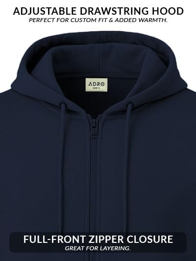 ADRO Mens Cotton Solid Zipper Hoodie Sweatshirts (ZH23-PLN-NB_Navy)