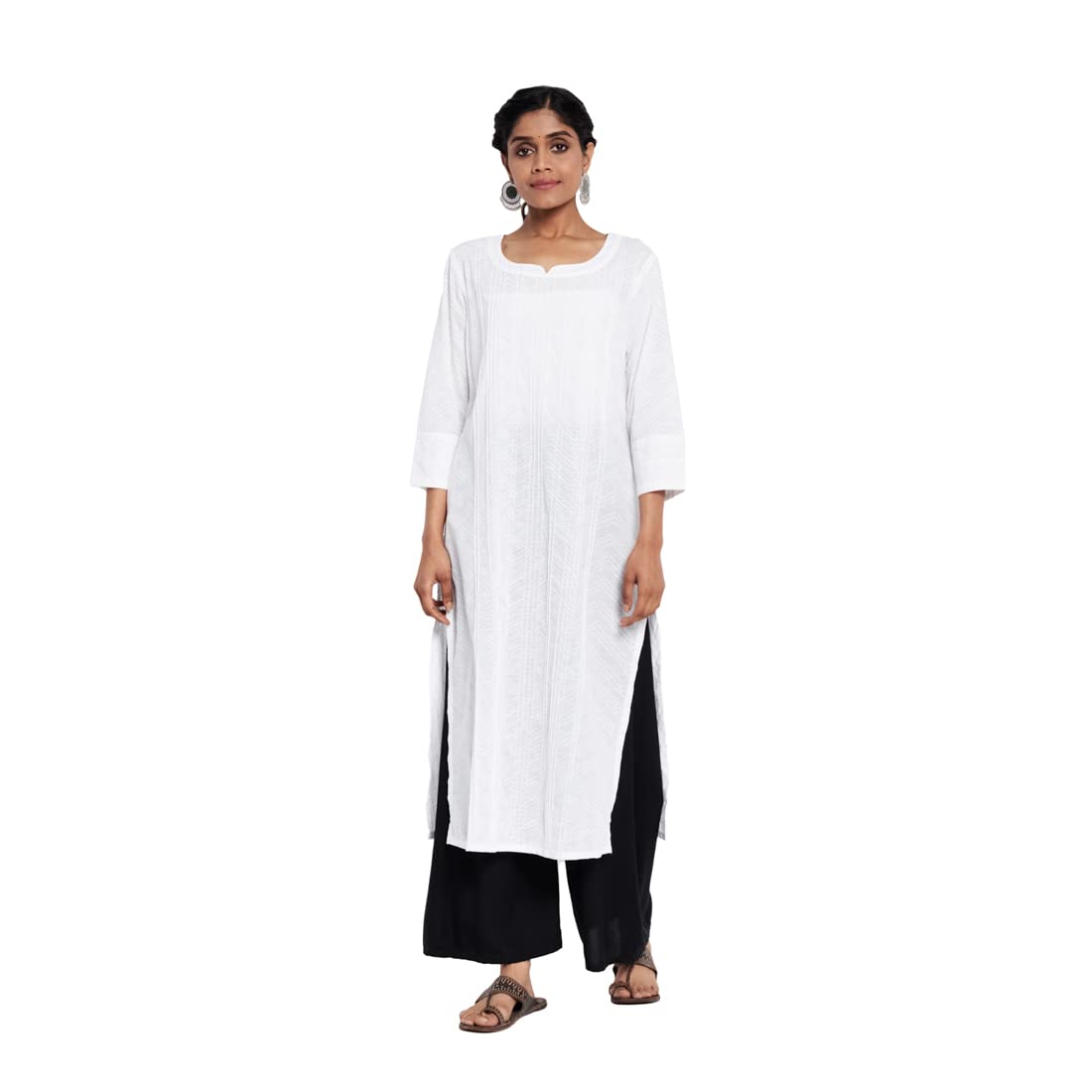Fabindia Women Cotton Pintuck Hand Block Printed Long Kurta White