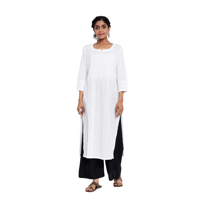 Fabindia Women Cotton Pintuck Hand Block Printed Long Kurta White