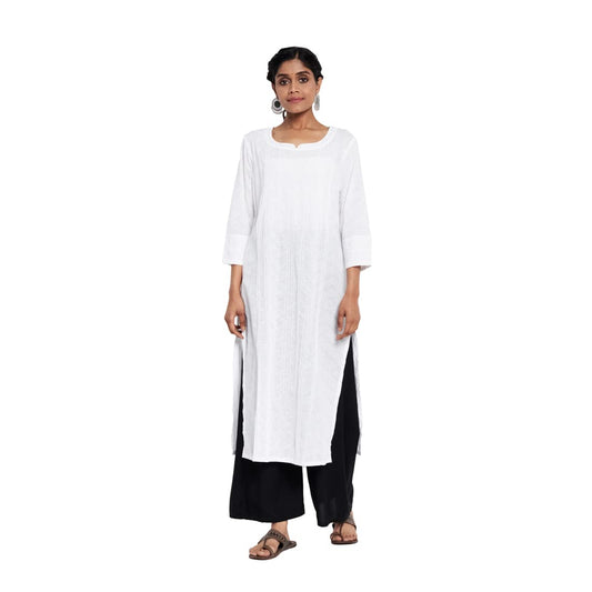 Fabindia Women Cotton Pintuck Hand Block Printed Long Kurta White