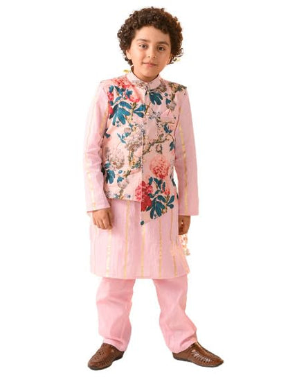 Pspeaches Boys Floral Printed Pure Cotton Kurta With Pyjamas Jacket