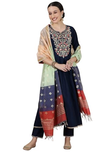 Aurelia Women? Yarn Dyed Flared Kurta Set with Trousers and Dupatta for Women