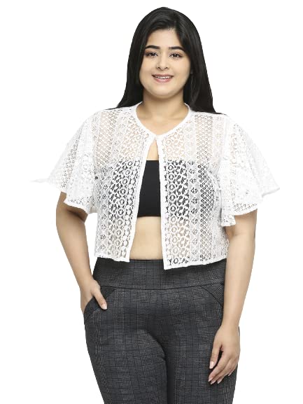 Style Quotient Women Off White Self Design Lace Open Front Smart Casual Shrug