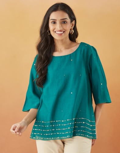 Fabindia WomenS Embellished Regular Fit Tops (1038714Green_Green