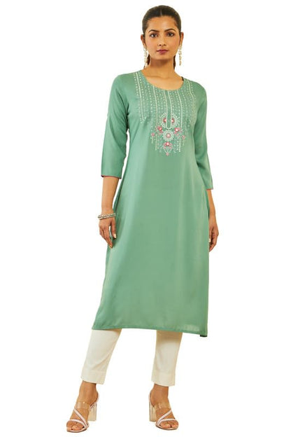 Soch Womens Green Rayon Floral Embroidered Round-Neck Straight Kurta
