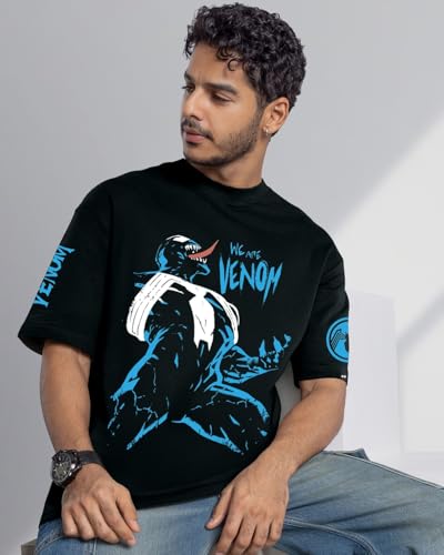 Bewakoof Official Marvel Merchandise Venom Mens Graphic Printed Oversized Fit Half Sleeve Round Neck Cotton Jersey T-Shirt_6499