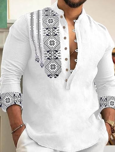 Deemoon MenS Cotton Blend Mandarin Collar Self One Design Full Sleeve Casual Short Kurta White