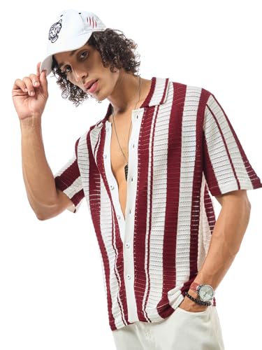 Bewakoof Mens Striped Regular Fit Half Sleeve Collared Neck 100% Cotton Shirt_633506_White_S