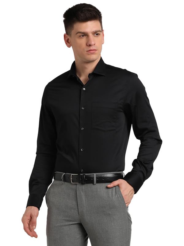 Turtle Men Cotton Stretch Slim Fit Black Solid Full Sleeve Formal Shirt