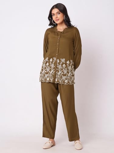Selvia Co-ords Set for Women|Cotton Blend Shirt and Trouser Set|Casual Co-ords Set for Women|Embroidery Two Piece Co-ord Set(681