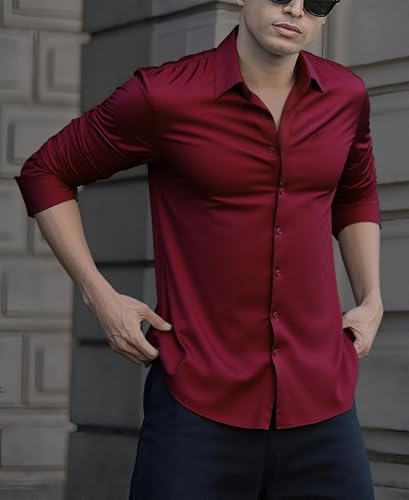 Indoprimo MenS Casual Button Down Long Sleeve Satin Plain Shirt Red