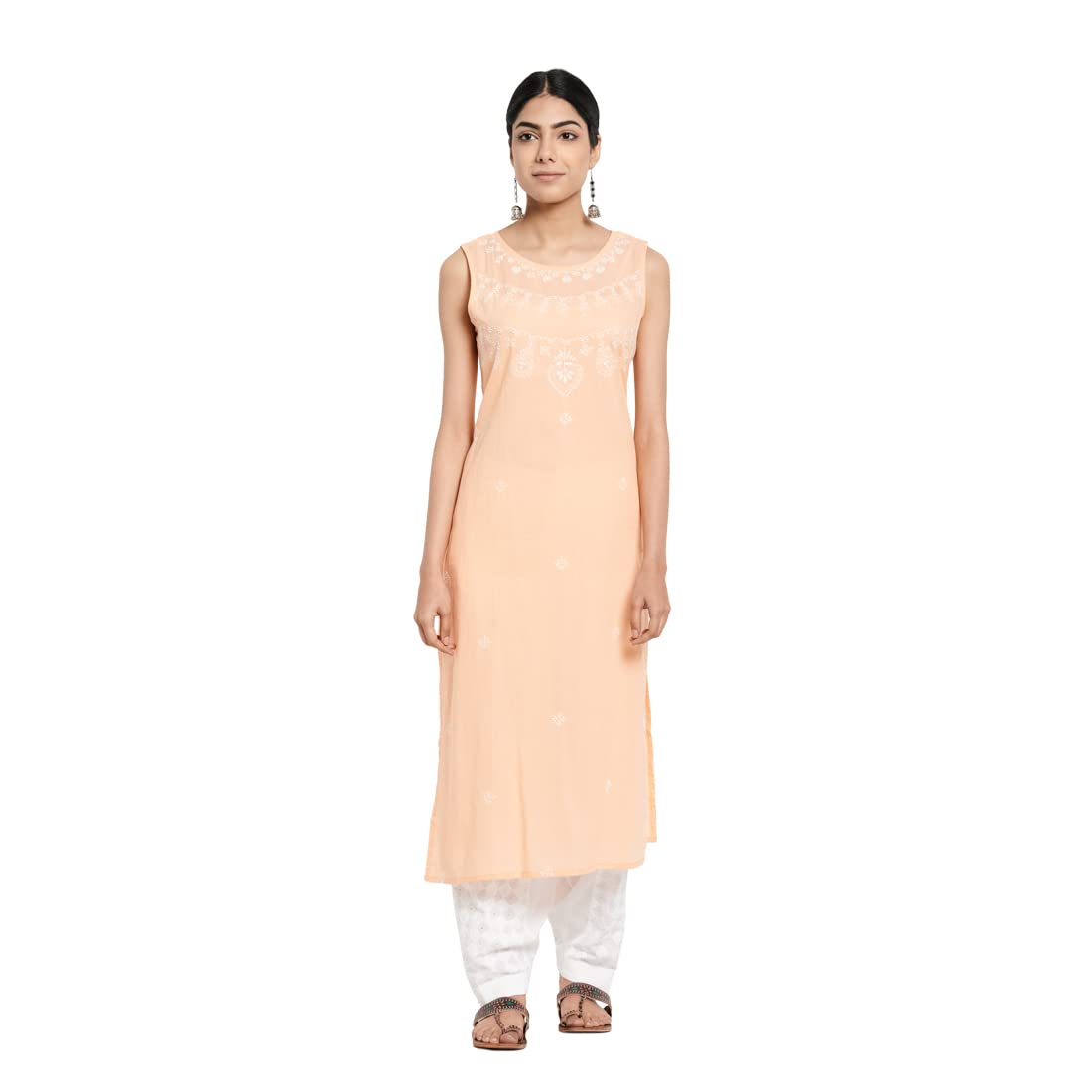 Fabindia Women Chikankari Yoke Slim Fit Long Kurta Cotton_M Orange