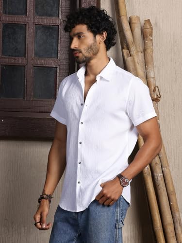 Thomas Scott Regular Fit Self Design Textured Cuban Collar Casual Shirt for Mens White