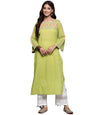 Varanga Women Lime Green Embellished Round Neck Straight Kurta, Thread & Sequins Work, Flared Sleeve, Side Slit, Stylish & Comfo