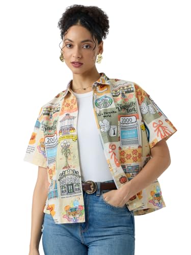 The Souled Store Gilmore Girls: The Bond Women and Girls Short Sleeves Collared Neck Button Front Multicolour Oversized Fit Cott