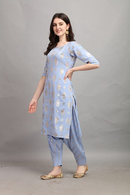 Gufrina WomenS Rayon Straight Kurta & Dhoti Pant With Round Neck 3/4Th Sleeves Solid Pattern Calf Length A Line Style And Regul