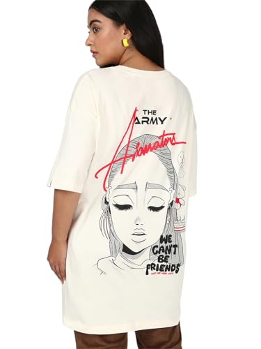 Bewakoof Womens Graphic Printed Oversized Fit Half Sleeve Round Neck Cotton Jersey Plus Size T-Shirt_654539_Beige_5XL