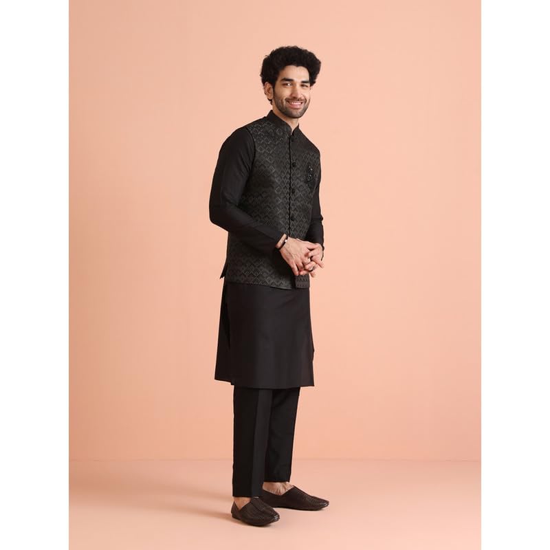Kisah Mens Nehru Jacket|Silk Blend Fabric Jacquard Pattern Mens Ethnic Nehru Jacket Waistcoat|Regular Fit Mandarin Collar Sleeve