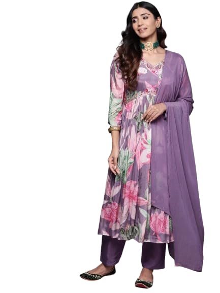 VARANGA Women Mauve Floral Printed Pure Silk Chinon Embroidered V-Neck Aliya Cut Kurta Paired With Tonal Bottom And Dupatta