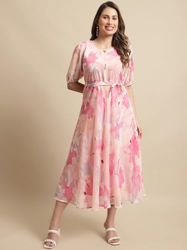 Preneum WomenS Maxi Fit & Flare Latest Style Print Georgette Regular Sleeves Casual Summer Maxi Dress || Festival & Occasion, R