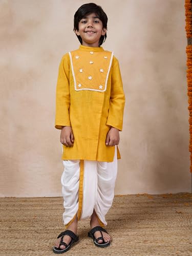 Pspeaches Boys Mandarin Collar Floral Yoke Design Regular Thread Work Kurta With Dhoti Pants (12-14Years)