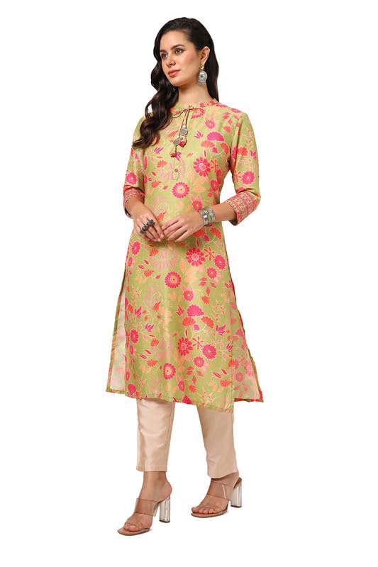 Soch Womens Light Green Muslin Blend Floral Print Kurta With Tassels