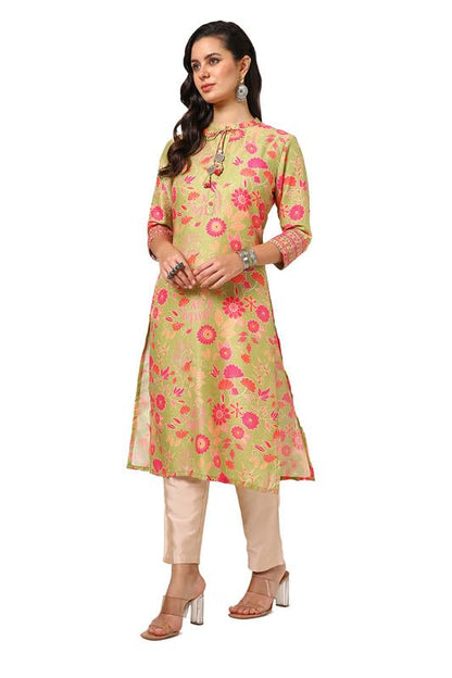 Soch Womens Light Green Muslin Blend Floral Print Kurta With Tassels