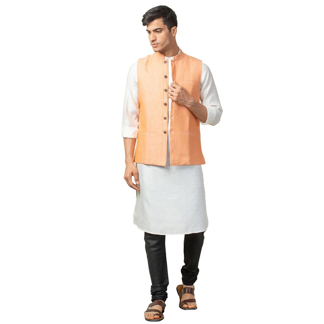 Fabindia MenS Orange Linen Dobby Nehru Jacket (100518101