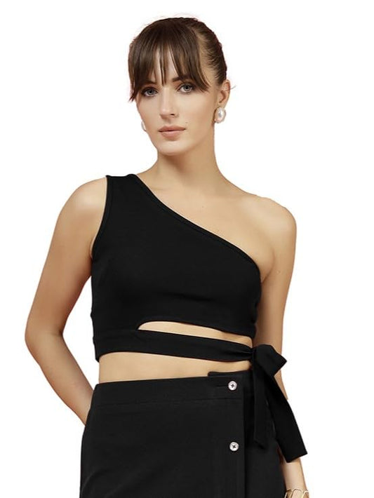 OOMPH! Stretchable One Shoulder Crop Top with Belt, Black, mt922
