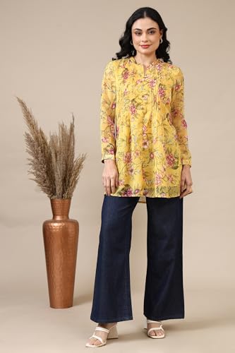 Aurelia Women's Bright Yellow Floral Printed Organza Kurti