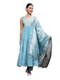 Stylum WomenS Aqua Blue Solid & Embroidered Cotton Tiered Kurta Pant Dupatta Set