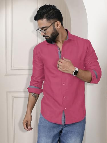 Pinkmint Shirt for Men Cotton Spread Collar Button Down Long Sleeve Shirt Home, Regular, Home (Pack of 1) Pink