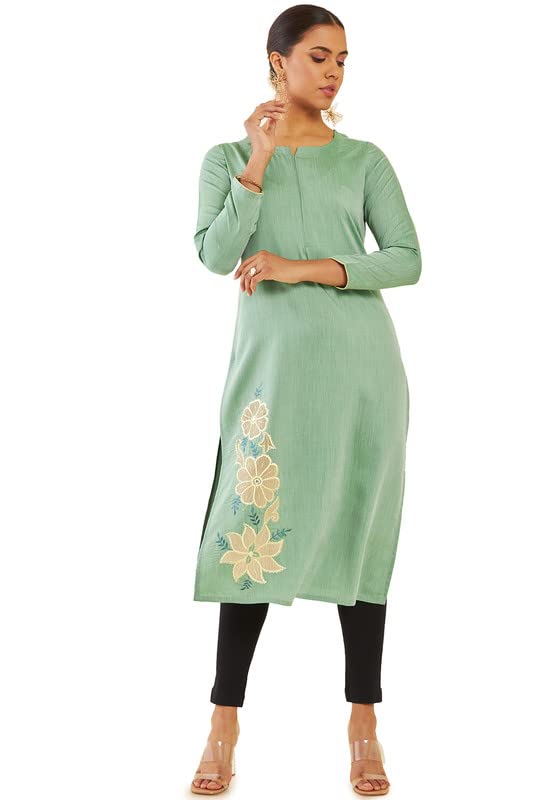 Soch Women Green Rayon Floral Embroidered Kurta with Cutwork and Mirror Embellishment