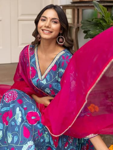 Tee Projekt WomenS Cotton Blend V-Neck Anarkali Kurta Pant With Dupatta Set