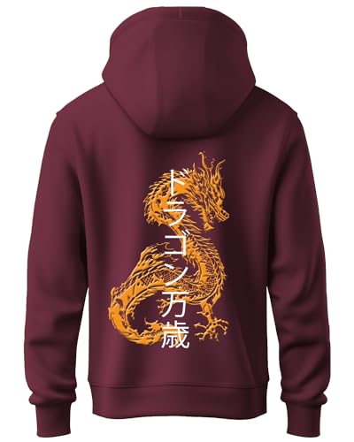 ADRO Mens Hoodies with Hail The Dragon Puff Backside Printed, 100% Cotton 340GSM. (H23-M-DRA-MR_Maroon_XL)