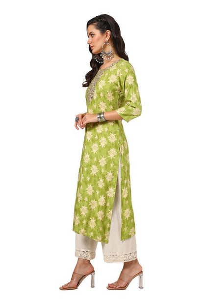 Soch Womens Olive Rayon Botanical Print Kurta with Gotta Patti
