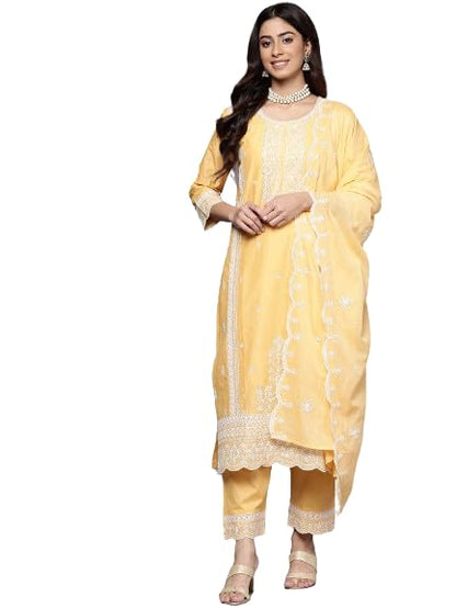 Varanga Women Yellow Chikankari Embroidered Sequins Embellished Kurta With Bottom And Dupatta