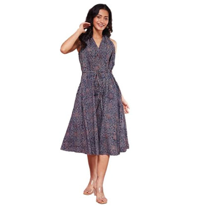 Fabindia WomenS Cotton A-Line Midi Dress (1037627Blue-Red_Blue