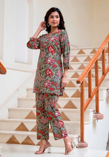 DHRUVI TRENDZ Regular Fit Formal Floral Printed Rayon Western Co-ord Set for Women(Available in 2XL and 3XL) (DT-W1731&TR822_Gre