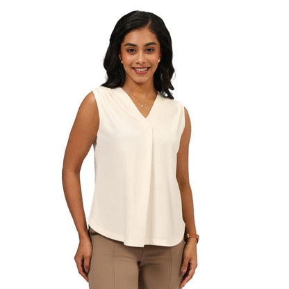 BlissClub Cotton Pro Sleeveless Work Top | Shoulder Pleats | V-Neck Design | Cotton-Poly-Modal Blend | Breathable Fabric | Moist