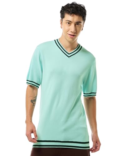 Bewakoof Mens Textured Regular Fit Half Sleeve V-Neck Cotton Flatknit T-Shirt_634376_Blue_XL