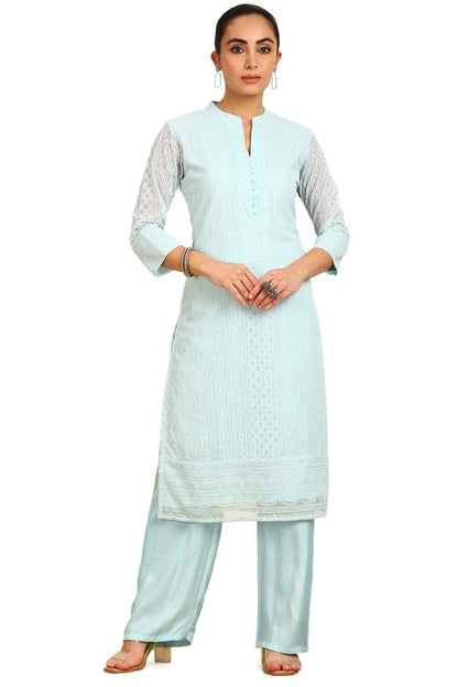 Soch Womens Powder Blue Paisley Embroidered Mandarin Collar Georgette Kurta