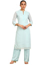 Soch Womens Powder Blue Paisley Embroidered Mandarin Collar Georgette Kurta