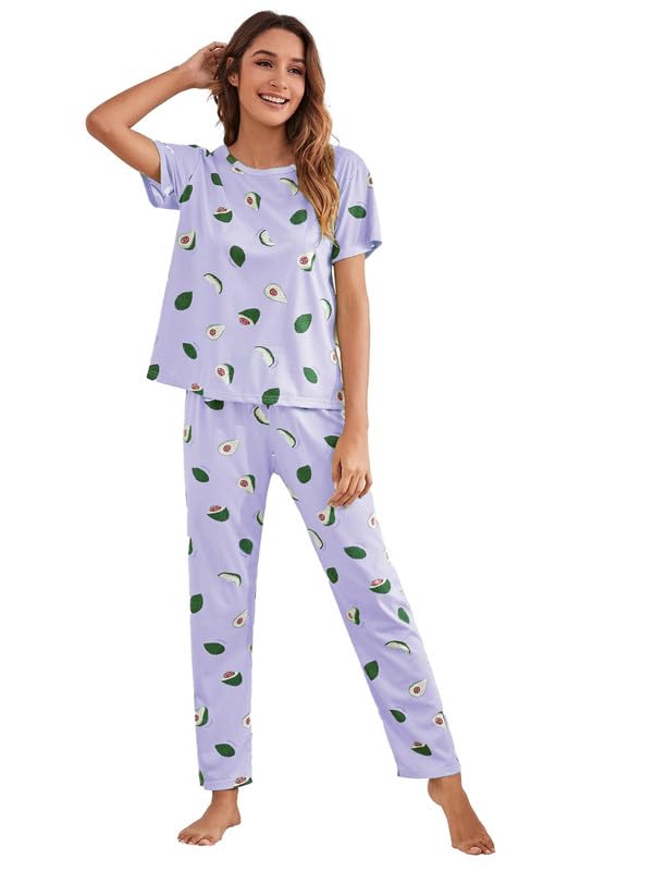 SMOWKLY Printed Round Neck Short Sleeve Night Suit Set for Women  Soft Pajama Set | Comfortable Cotton Blend Night Dress & Sleep