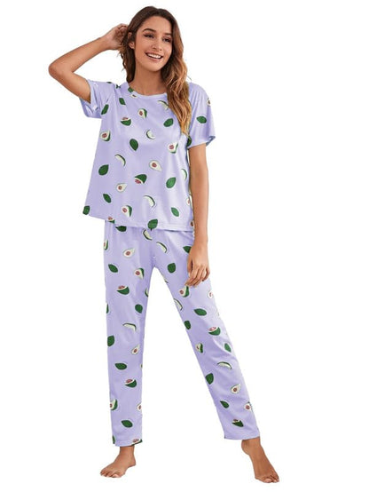 SMOWKLY Printed Round Neck Short Sleeve Night Suit Set for Women  Soft Pajama Set | Comfortable Cotton Blend Night Dress & Sleep