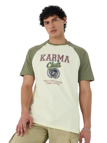 The Souled Store Karma Men and Boys Short Sleeves Round Neck Green Graphic Printed Regular Fit Cotton T-Shirts