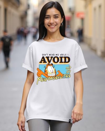 Bewakoof X Official Garfield Merchandise Womens Avoiding Responsibilities Graphic Print 100% Cotton T-Shirt - Boyfriend Fit, Ro